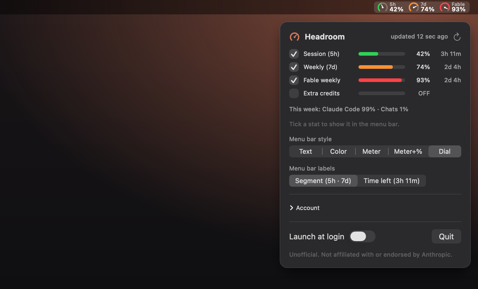 Headroom showing session, weekly and Fable limits in the menu bar and its popup.